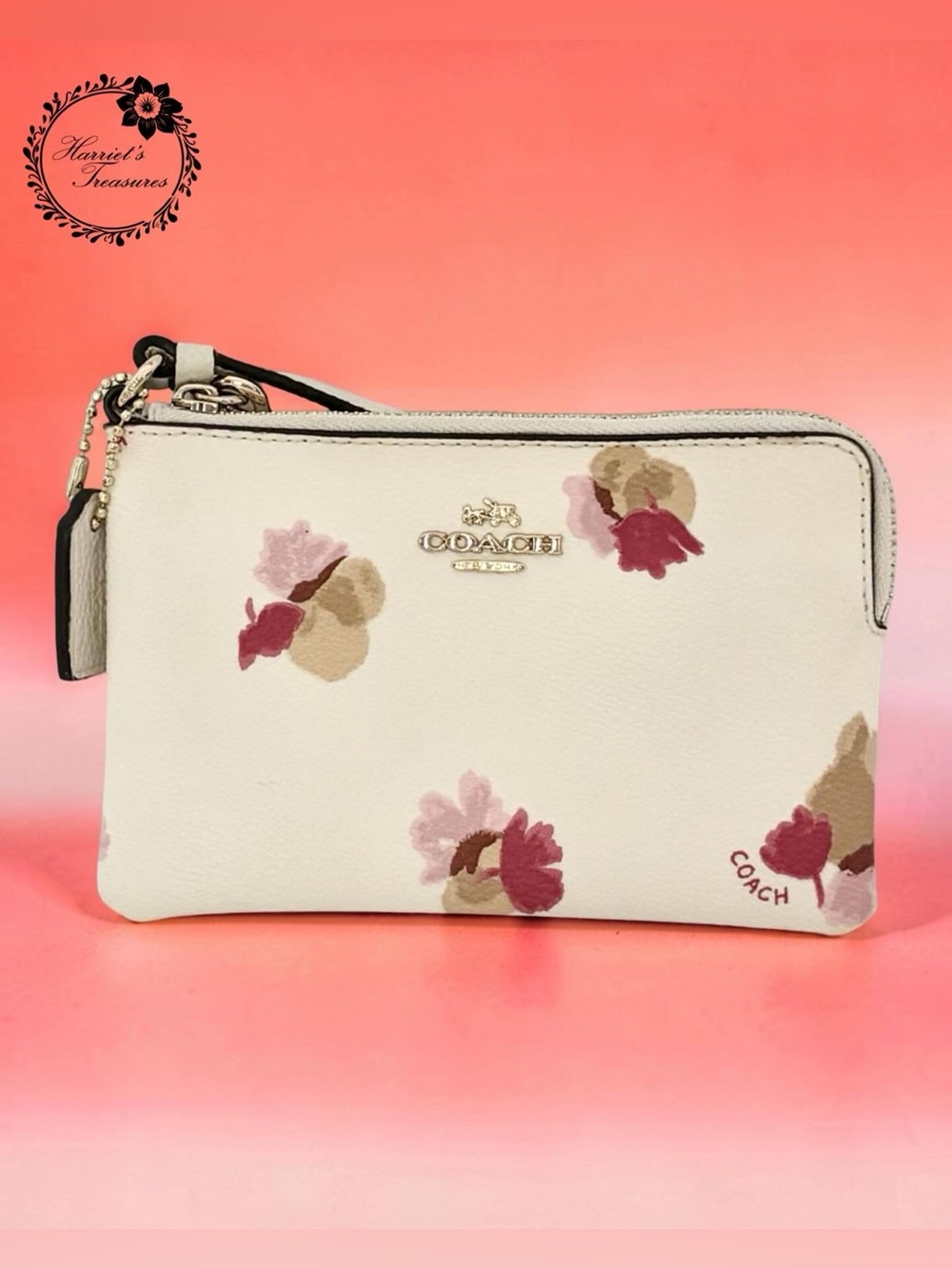 COACH Cream Floral Zip Wristlet with Pink Accents